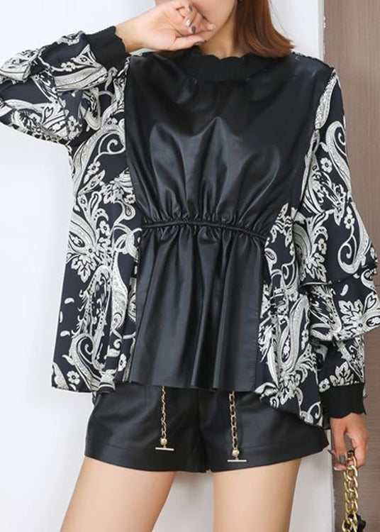 Loose Black O-neck Print Faux Leather Patchwork Top Butterfly Sleeve