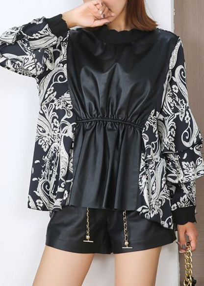 Loose Black O-neck Print Faux Leather Patchwork Top Butterfly Sleeve