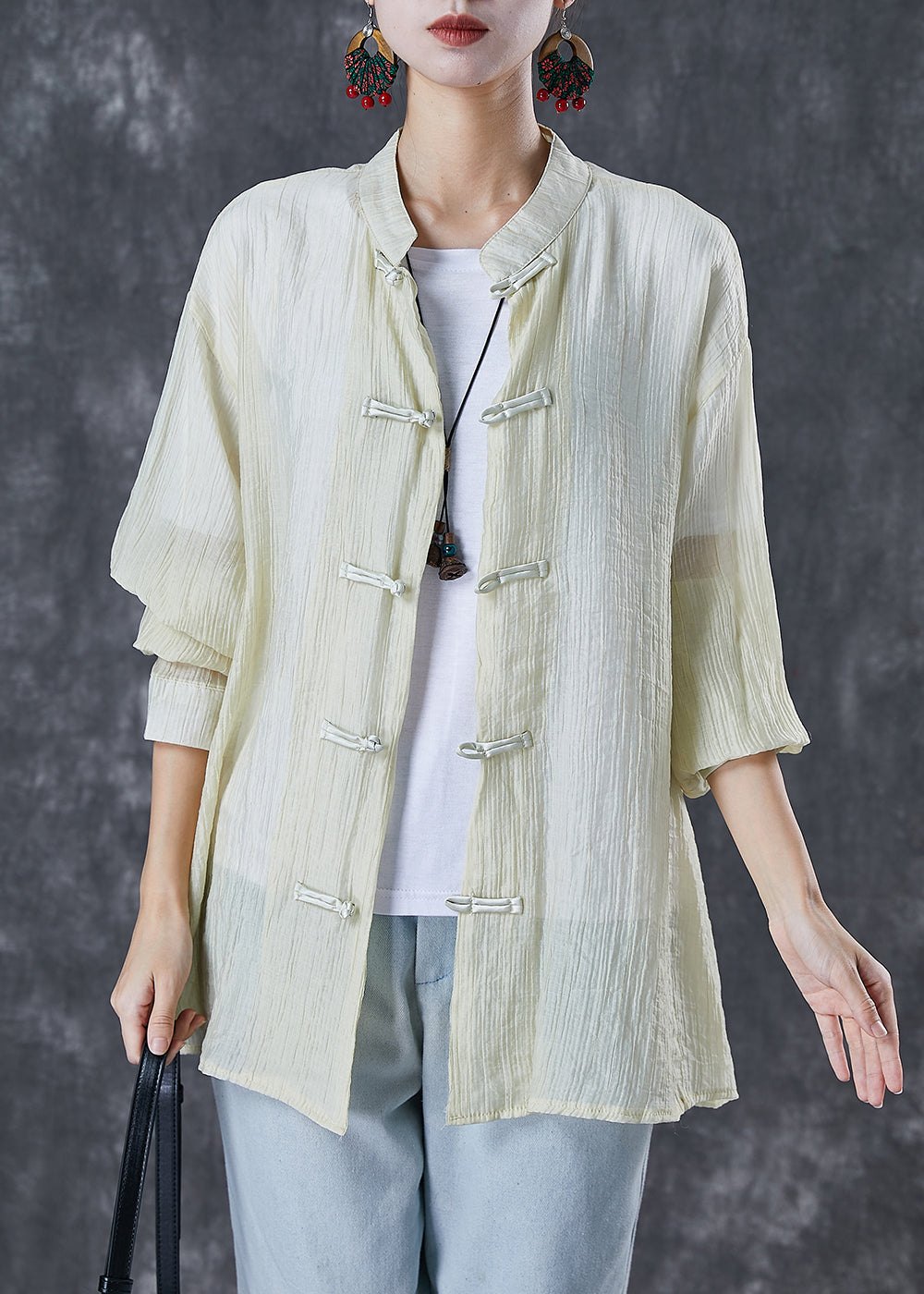 Light Yellow Mandarin Collar Chinese Button Wrinkled Cotton Shirt Fall
