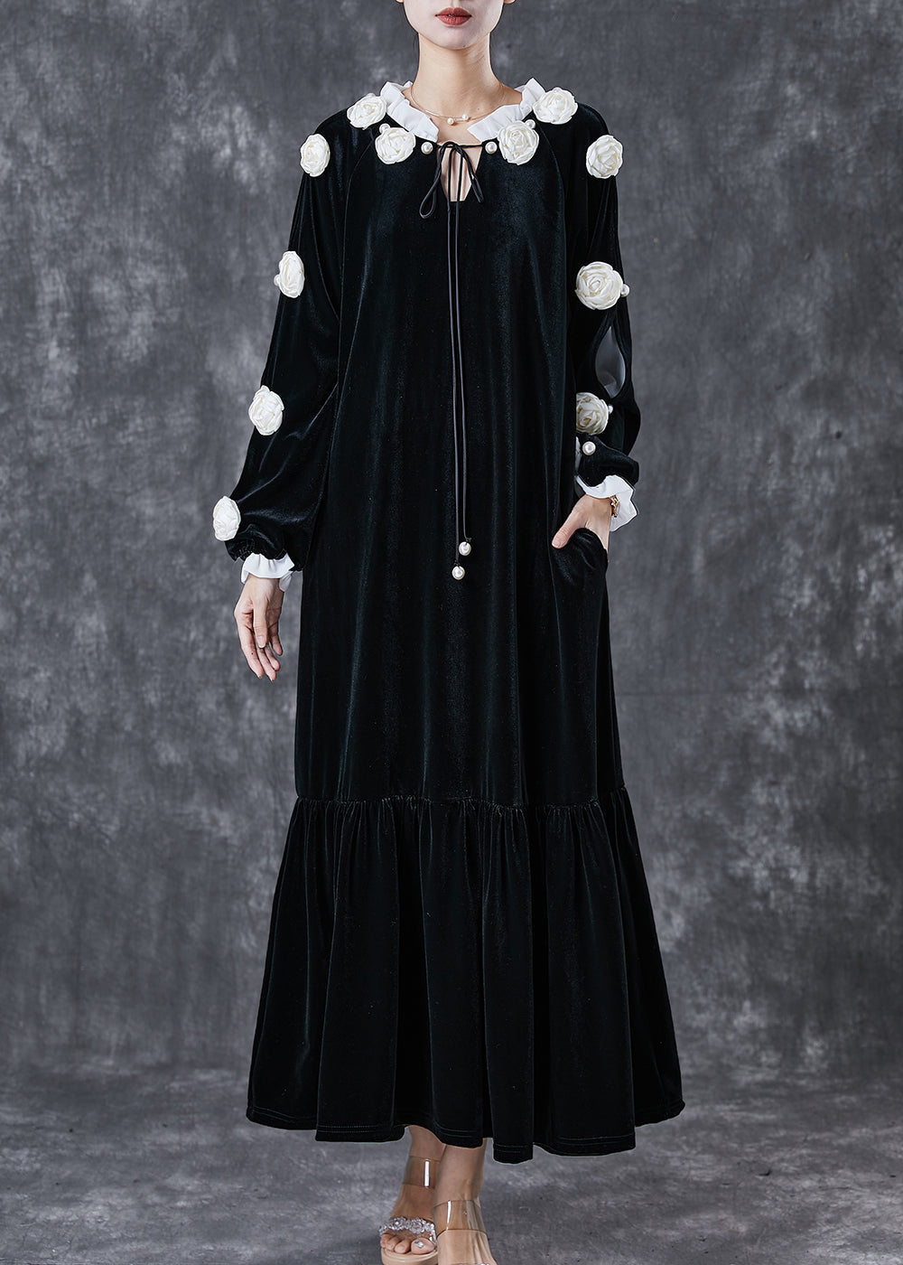 Modern Black Lace Up Silk Velour Maxi Dress Spring