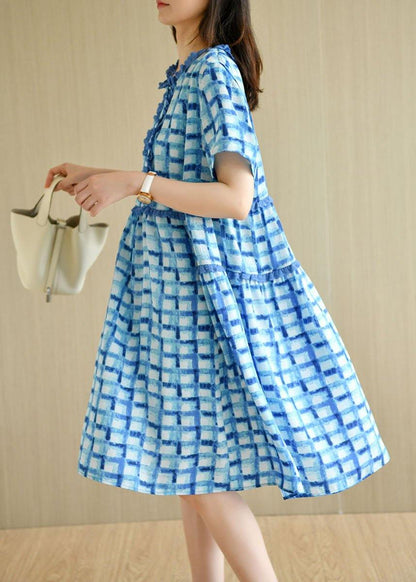Unique Blue Plaid O-neck a Line Summer Chiffon Dress Short Sleeve