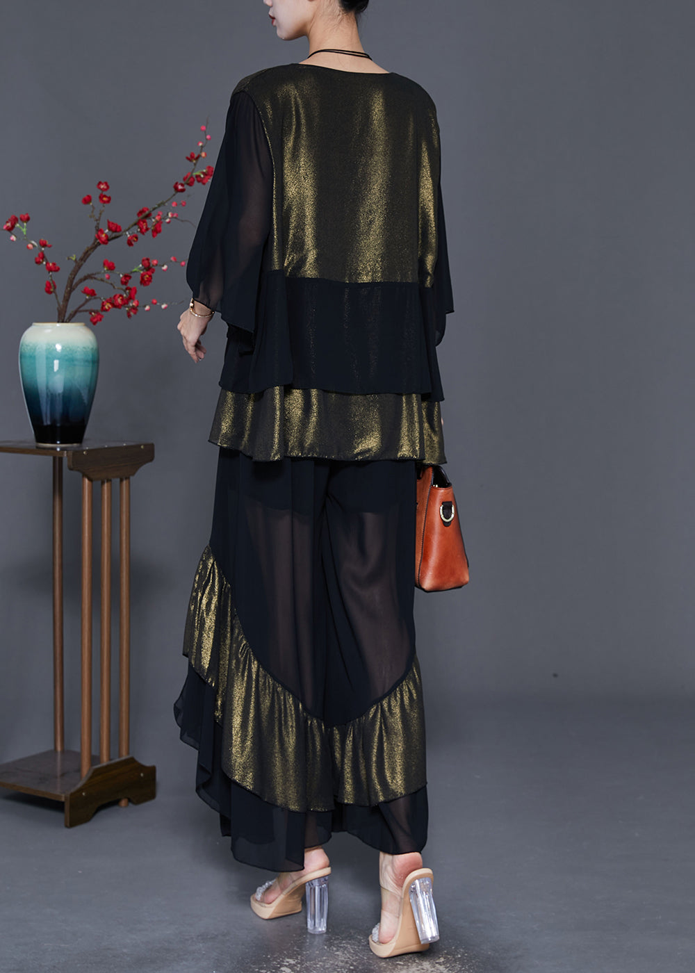 Colorblock Chinese Button Patchwork Ruffles Chiffon Two Pieces Set Fall