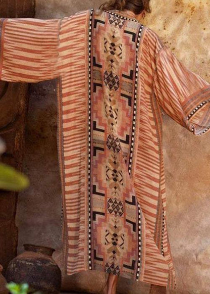 Classy Red Geometric Print Cotton Kimono Robe Summer Ankle Cardigans