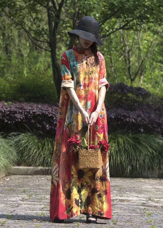 Original Stand Collar Print Linen Long Dresses Spring