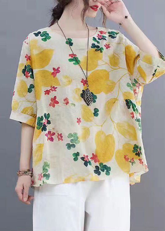 Yellow O Neck Print Patchwork Linen Tops Summer