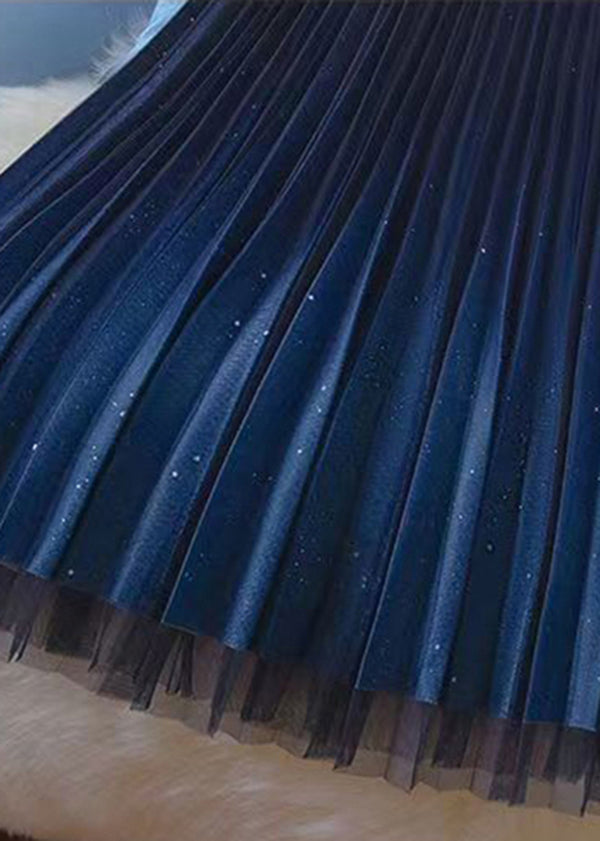 French Blue Starry Sky Wear on Both Sides Tulle Pleated Skirt Spring