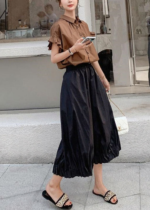 Fine Coffee Peter Pan Collar Button Top and Crop Pants Two Pieces Set Summer