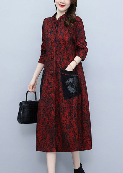 Red Stand Collar Print Long Trench Coats Spring