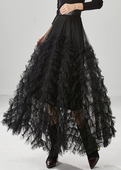 Black Silm Fit Tulle a Line Skirt Ruffled High Waist Fall