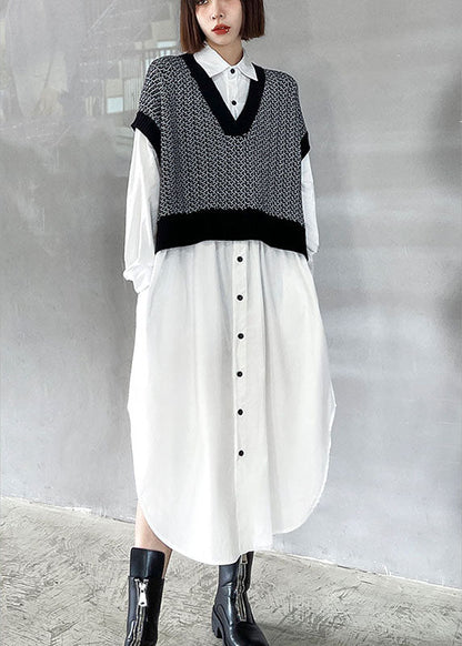 Style Black Patchwork White Button Loose Fall Dresses Long Sleeve