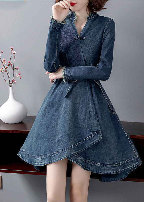 Italian Blue V Neck Sashes Embroideried Cotton Denim Dress Long Sleeve