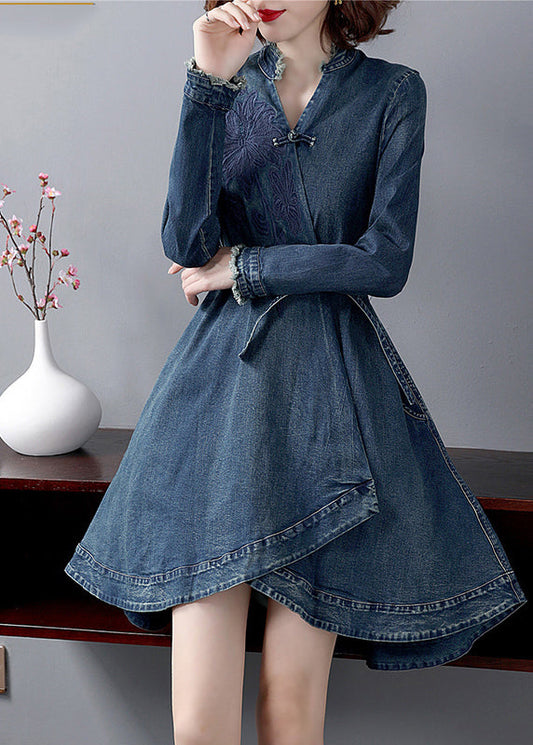 Italian Blue V Neck Sashes Embroideried Cotton Denim Dress Long Sleeve