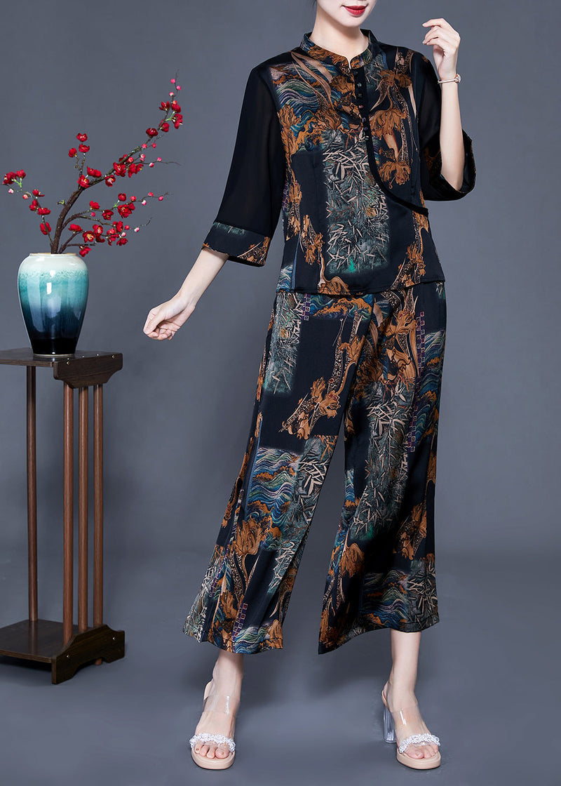 Black Stand Collar Patchwork Print Silk Two Pieces Set Bracelet Sleeve