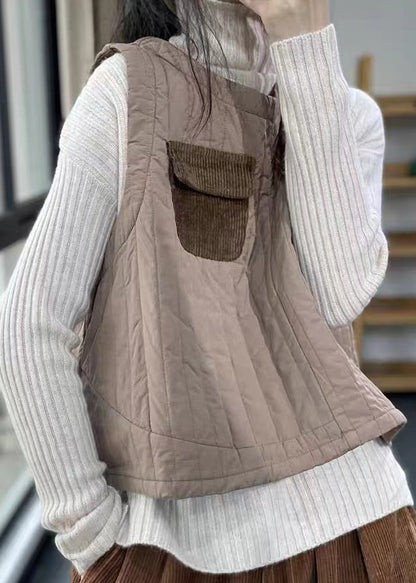 Black O Neck Patchwork Fine Cotton Filled Vest Sleeveless