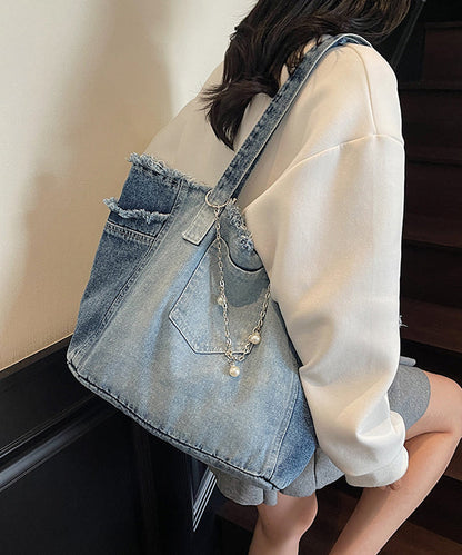 Gradient Blue Tasseled Large Capacity Denim Shoulder Bags