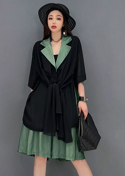 Black Blue Notched Collar Asymmetrical Patchwork Chiffon Two Pieces Set Summer
