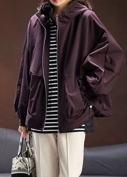 Purple Zippered Patchwork Drawstring Hooded Coat Fall