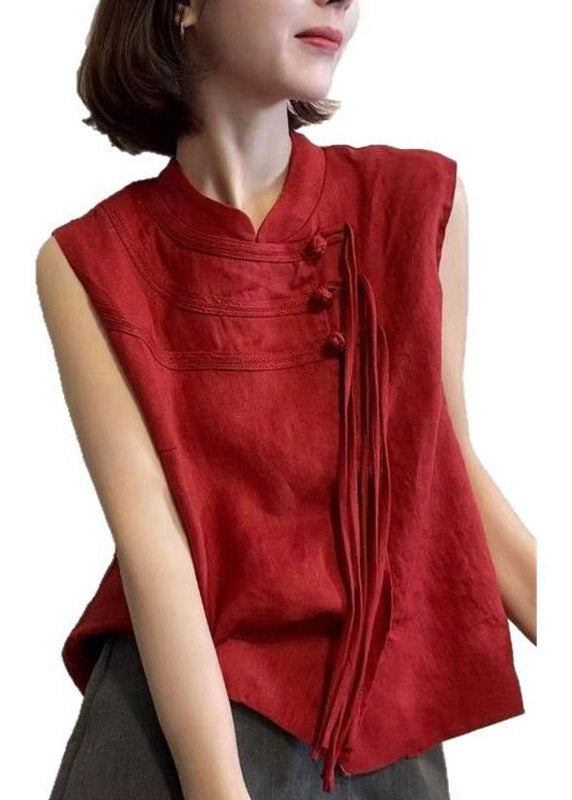 Chinese Style Red Stand Collar Tassel Patchwork Top Summer