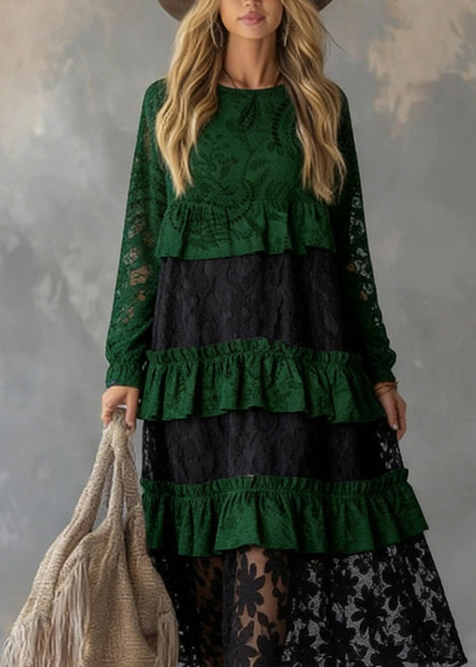 Fitted Green O Neck Ruffled Lace Atchwork Cotton Dress Spring