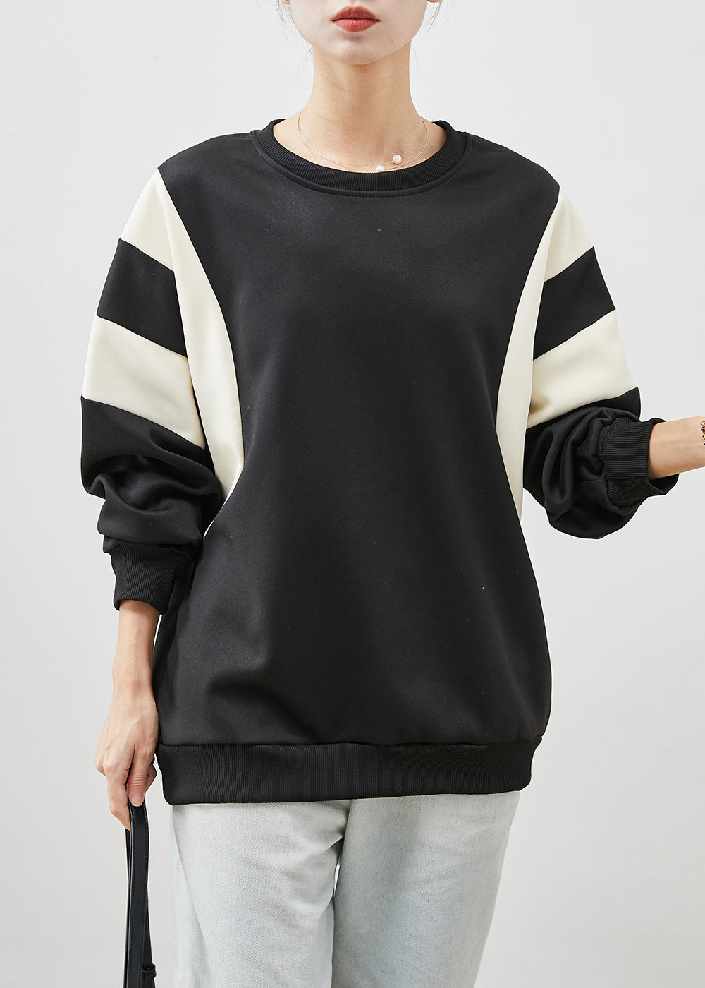 Black Oversized Patchwork Cotton Sweatshirt Spring