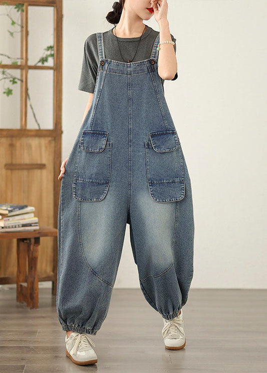 Blue Patchwork Denim Jumpsuit Pockets Spring