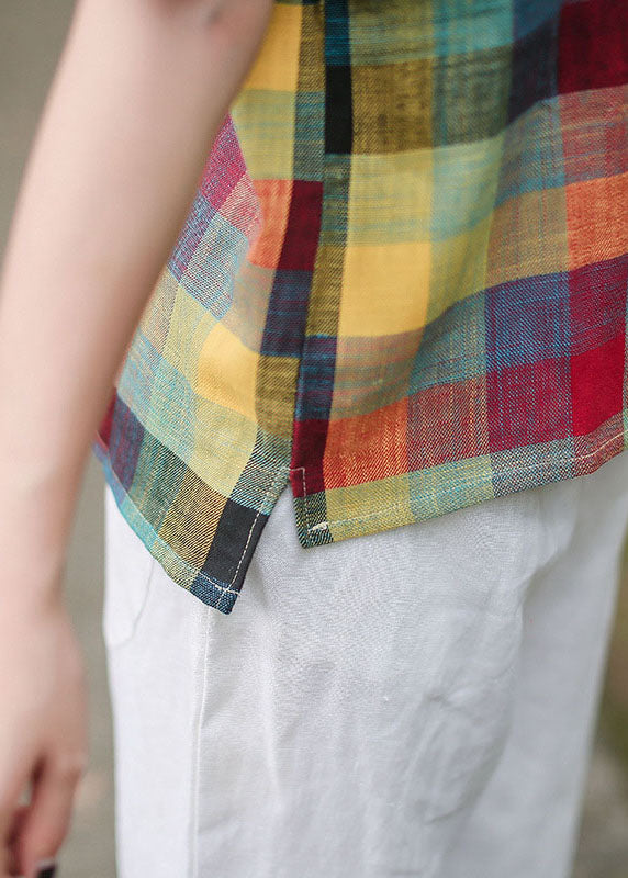 Style Yellow O-neck Plaid Cotton Top Short Sleeve