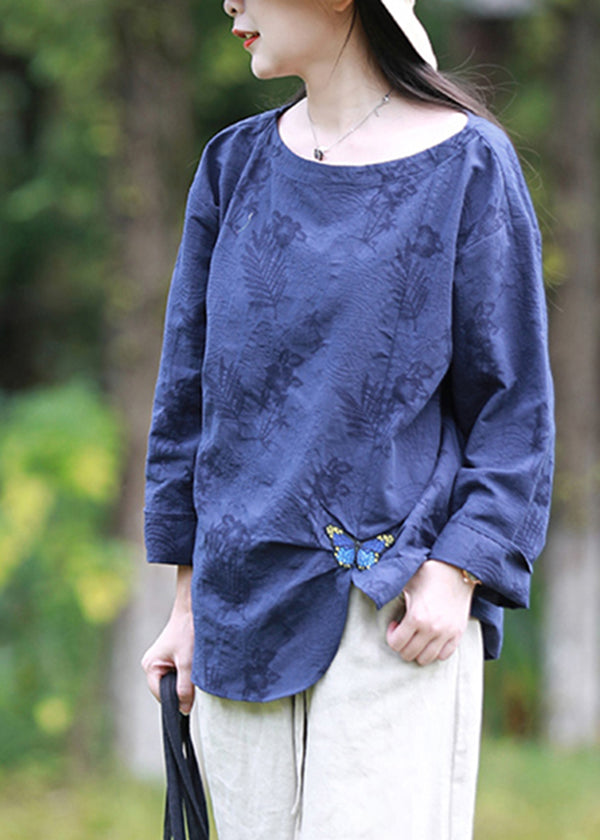 Blue O-neck Jacquard Butterfly Embroideried Cotton Blouses Top Spring