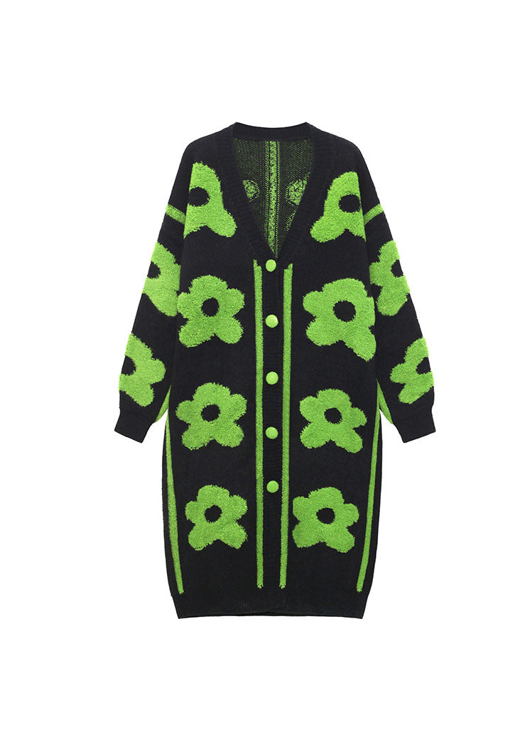 Black Green Print Knit Coats Spring