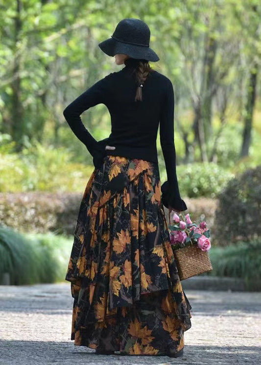 Print Elastic Waist Asymmetrical Cotton Skirts Spring