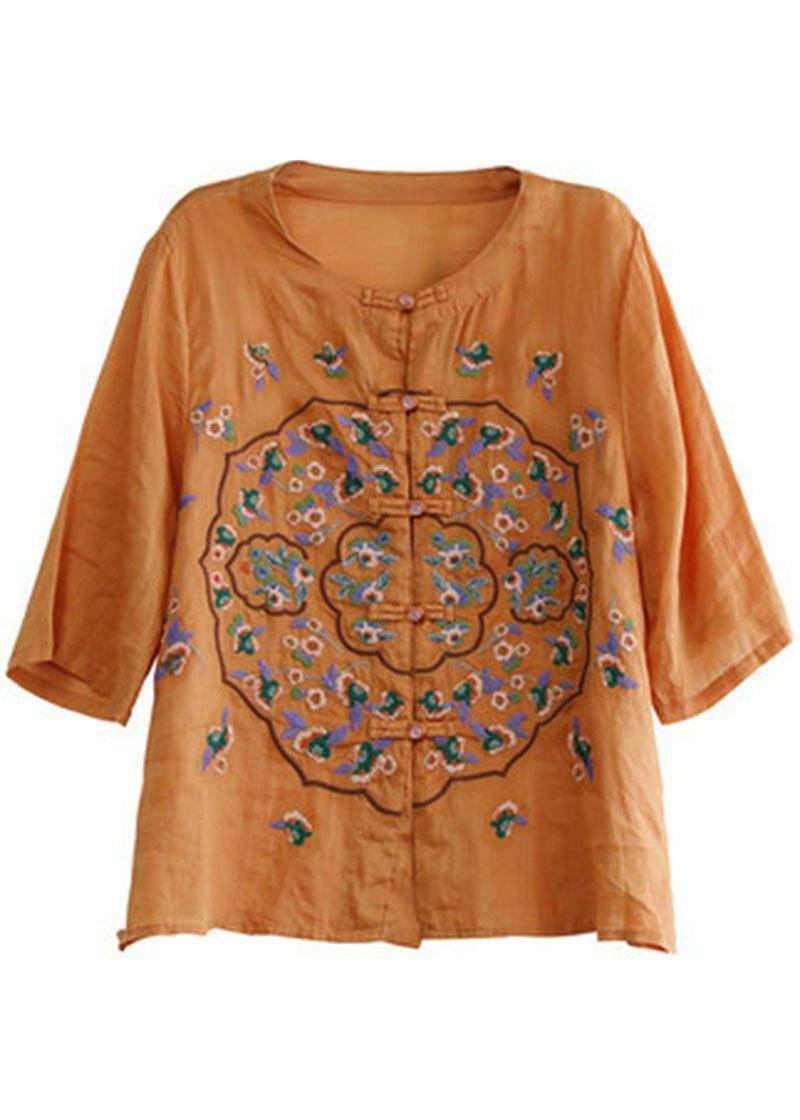 Orange Embroideried Oriental Ramie Top Summer