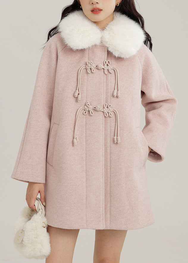 Pink Fur Collar Chinese Button Woolen Coats Winter