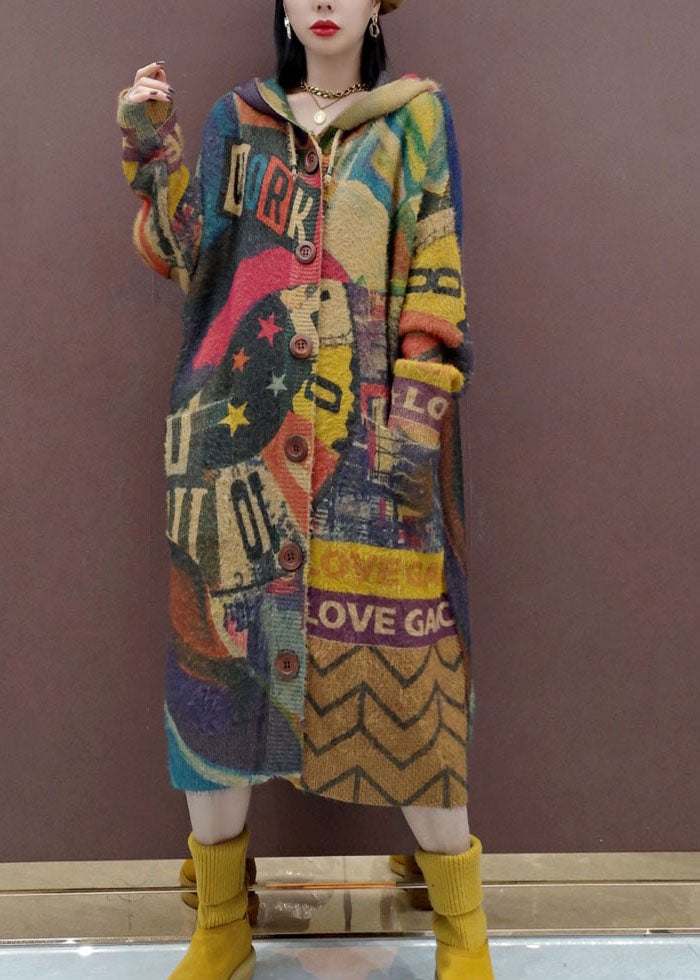 Print Button Maxi Knitted Cotton Thread Hooded Sweater Coat Fall