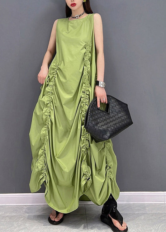 Green O-neck Wrinkled Pockets Chiffon Dresses Sleeveless