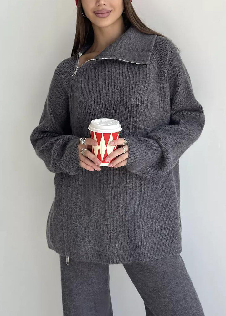 Stylish White High Neck Zip Up Knit Sets 2 Pieces Spring