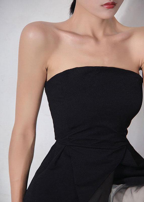 Black Cold Shoulder Slash Neck Asymmetrical Design Breast Wrapping Cotton Top Summer