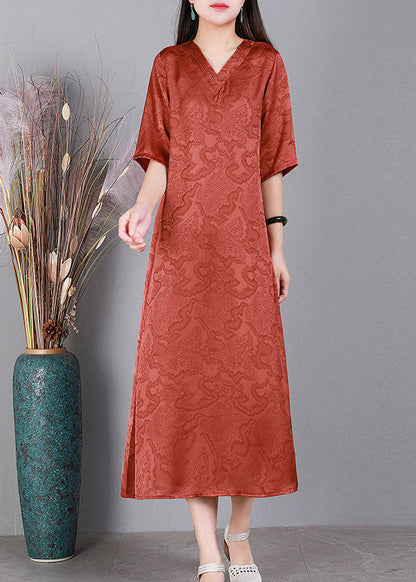 Handmade Green V Neck Jacquard Silk Long Dress Half Sleeve
