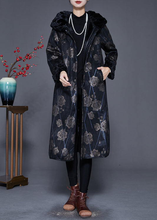 Black Fur Collar Print Warm Fleece Coat Outwear Winter