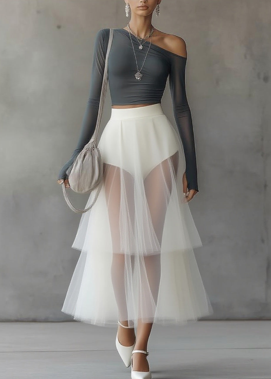 Slim Fit One Shoulder Top and Tulle Skirts Two Pieces Set Spring