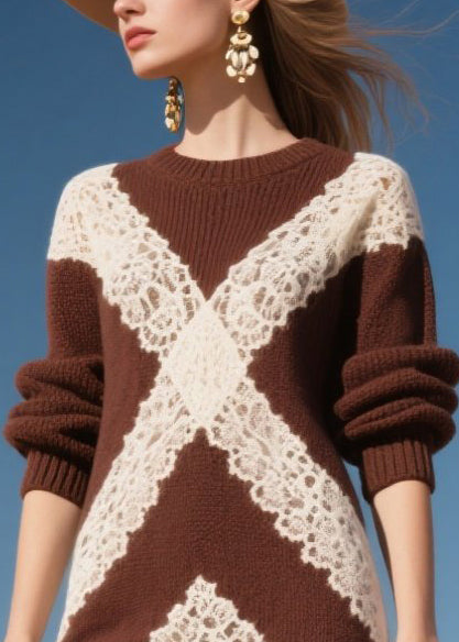 Chocolate Hollow Out Patchwork Lace Knit Mid Dress Fall
