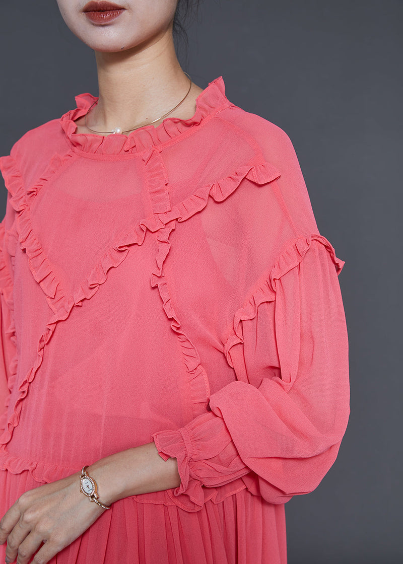 Brick Red Ruffled Chiffon Ankle Dress Spring
