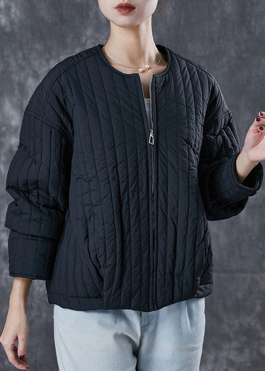 Unique Black O-neck Zip Up Fine Cotton Filled Coat Spring