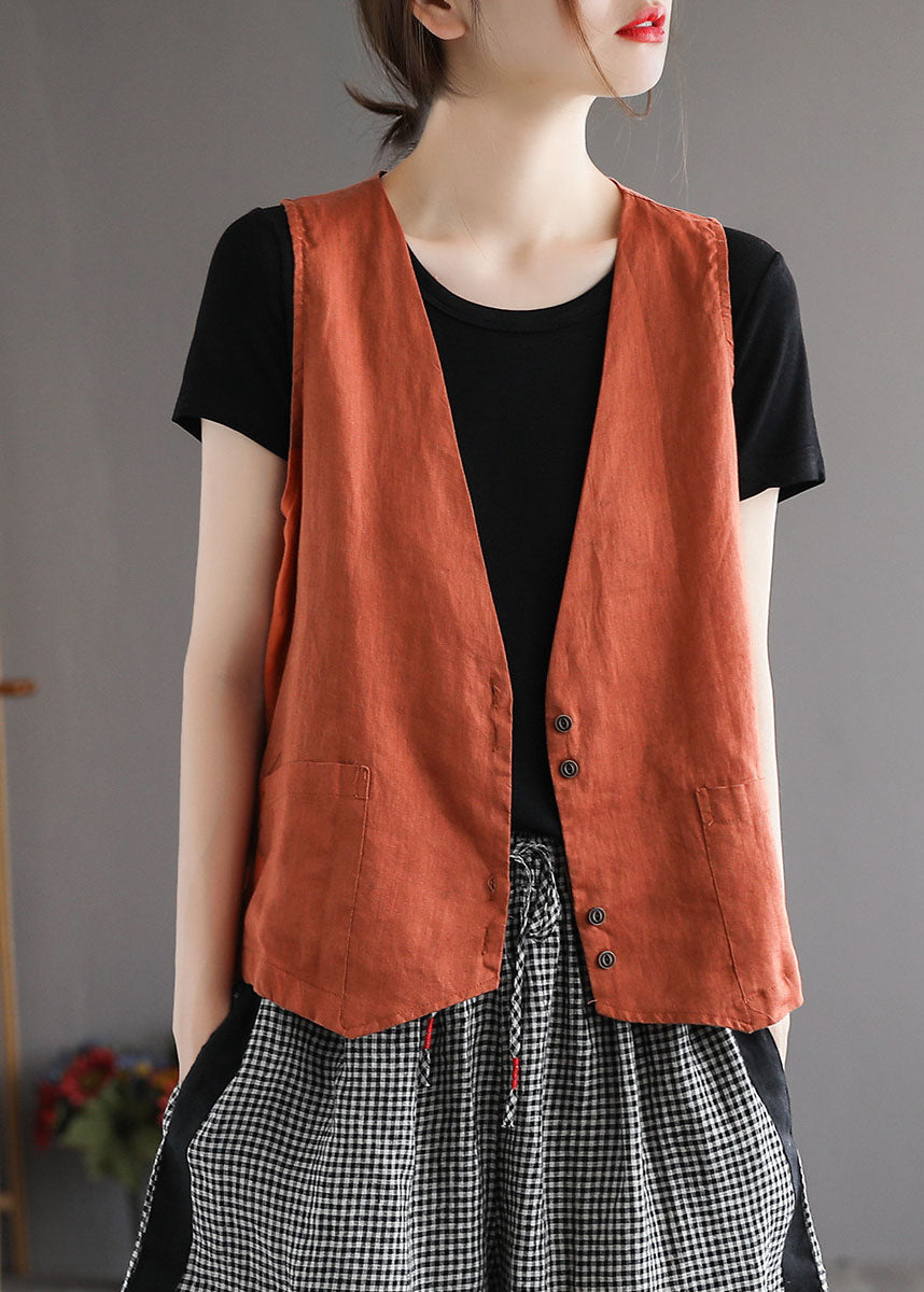 Orange V Neck Pockets Linen Vest Tops Sleeveless