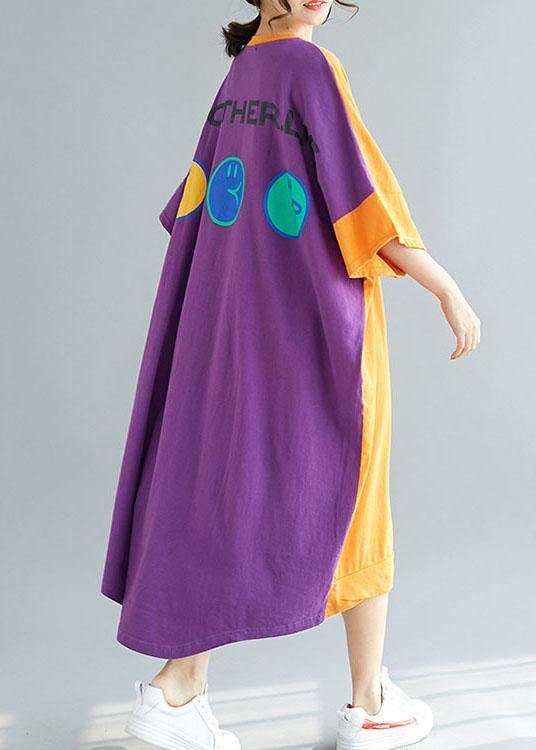 Grey Patchwork Orange Low High Graphic Summer Half Sleeve Vacation Dress