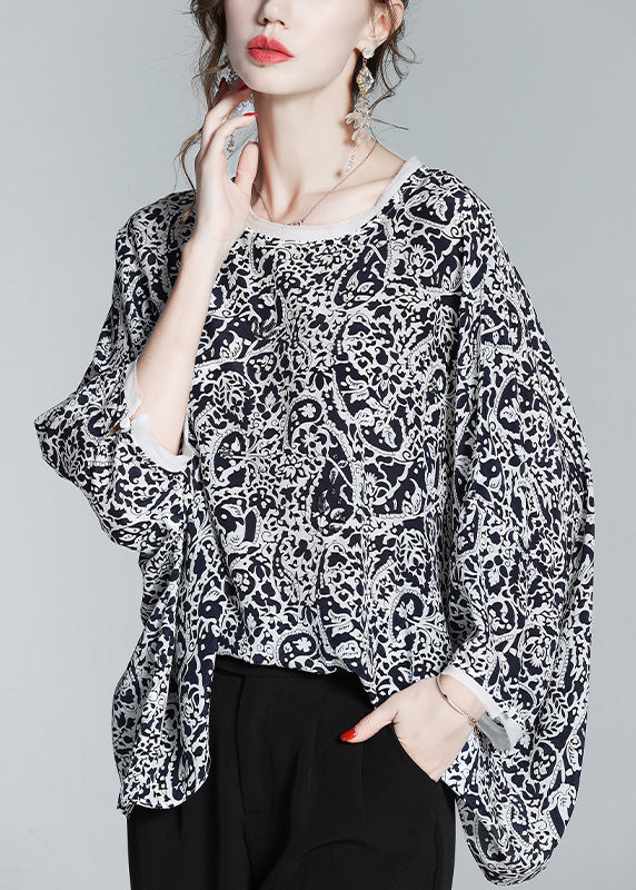 Retro Black O-neck Print Silk Shirts Long Sleeve