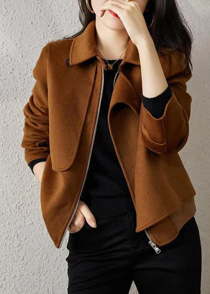Chocolate Asymmetrical Patchwork Woolen Coats Fall