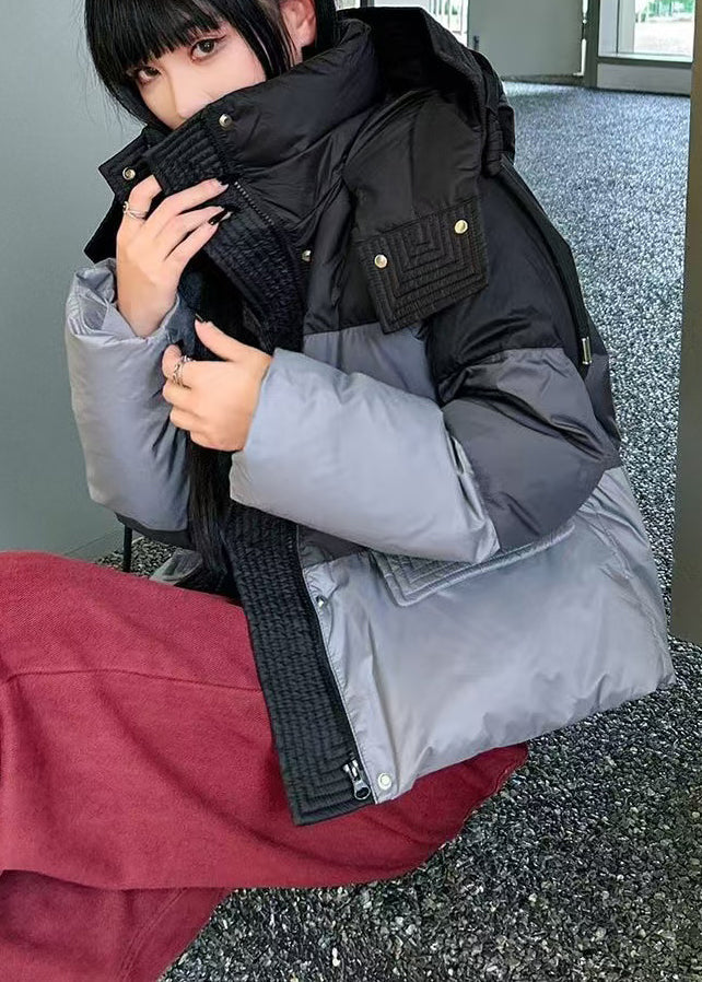 Grey Zip Up Pockets Duck Down Hooded Jacket Winter