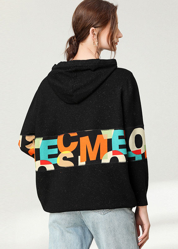 Black Hooded Patchwork Print Top