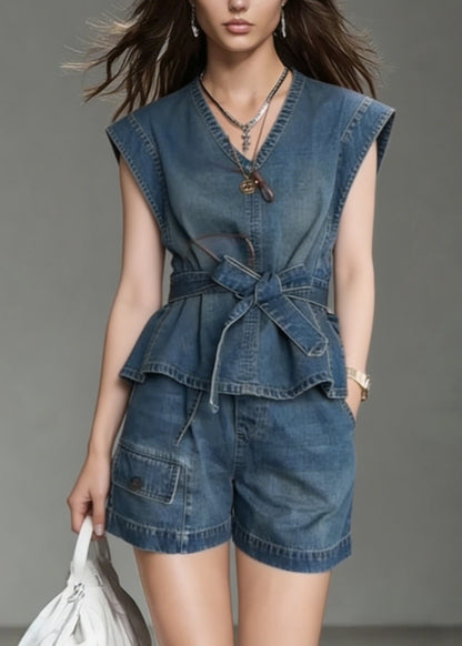 Blue V Neck Bow Denim Two Piece Set Outfits Summer