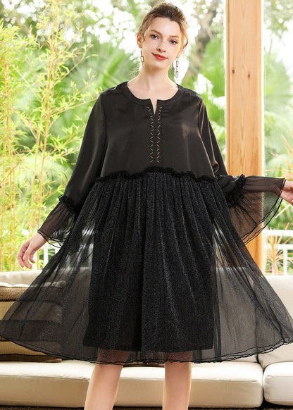 Silvery Sequins Exra Large Hem Patchwork Chiffon a Line Dress Spring