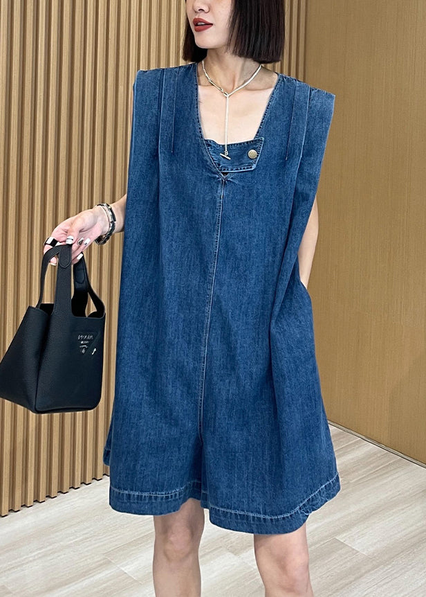 Loose Blue U Neck Pockets Denim Jumpsuits Summer